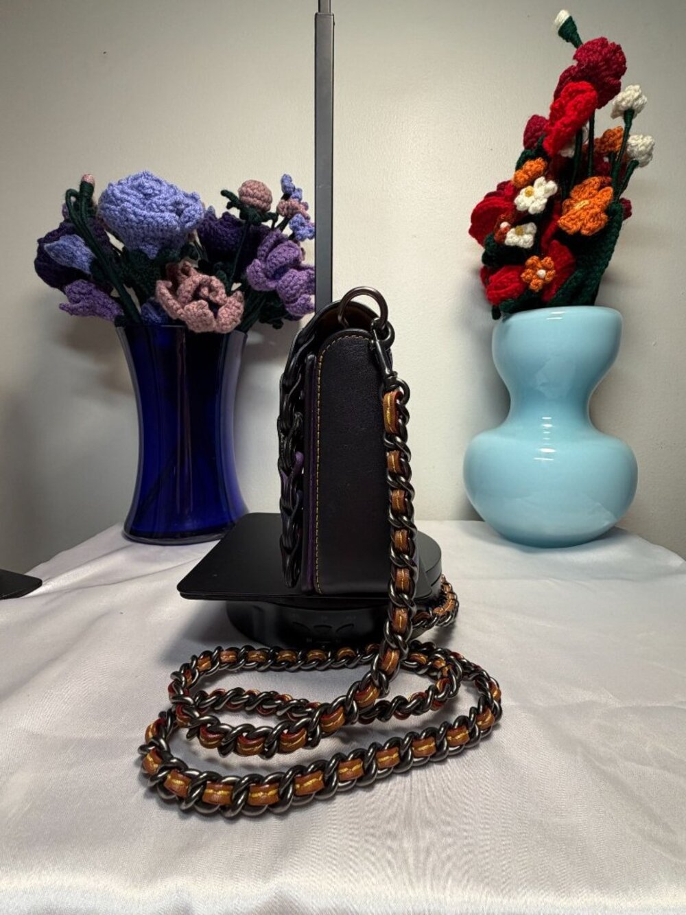 Coach Woven Leather Crossbody Bag With Chain Strap & Colorful Detailing - Purple - Picture 3 of 8